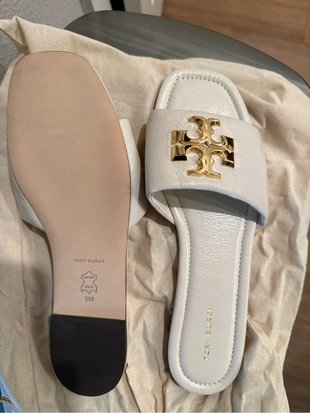 Tory Burch White Leather Slide Sandals with Gold Logo Hardware
